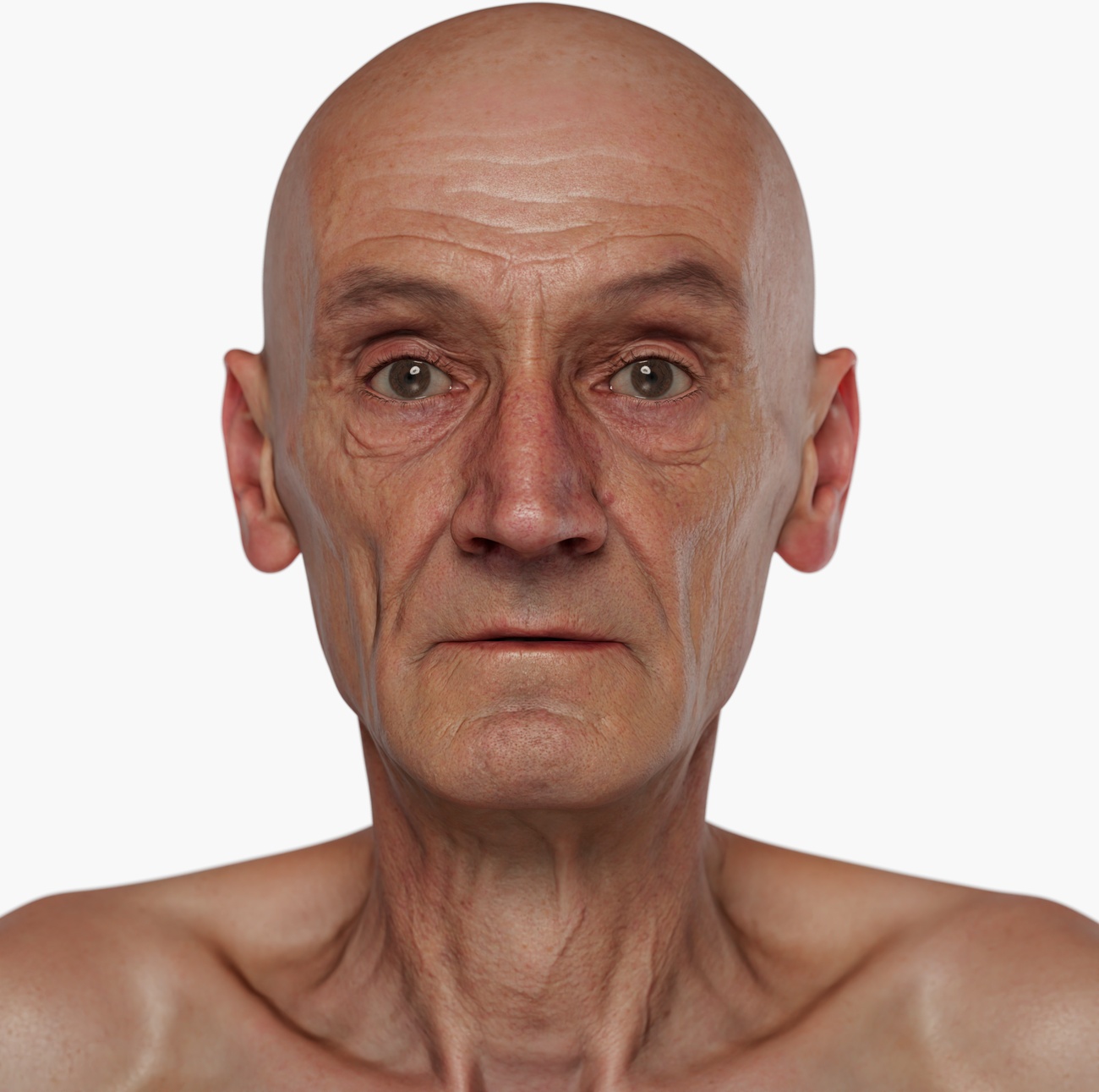 High-resolution 3D head scan of an older male with deep facial wrinkles and strong bone structure